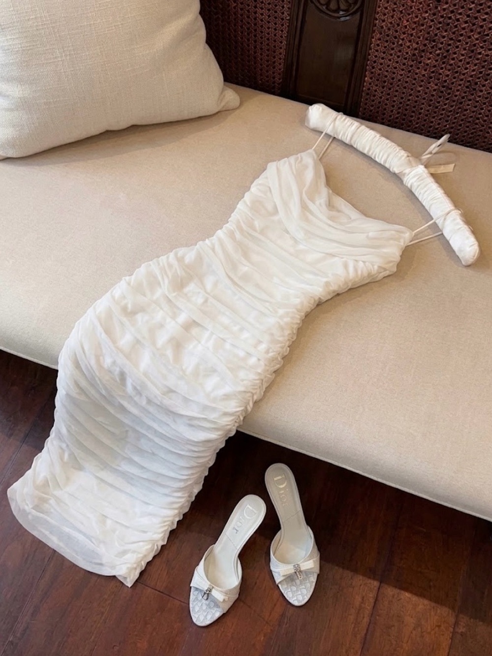 White Ruched Mesh Cowl Midi Bodycon Dress